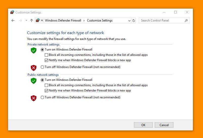 Khắc phục bằng tắt tường lửa Windows hệ điều hành Windows đi kèm với từng lửa và cái này khóa kết nối internet trên hệ thống của bạn . Tường lửa Windows giúp chặn người dùng trái phép truy cập vào dữ liệu và thông tin máy tính của bạn. Khi tường lửa phát hiện mạng bị xâm lược nó khóa khỏi hệ thống của bạn . Theo những bước dưới đây để disable tường lửa Windows: Trong khu vực tìm kiếm gõ mở control panel Bạn sẽ tìm thấy tất cả công cụ , chương trình , phần mềm được liệt kê ở đây . Xác định vị trí ‘ Windows defender firewall’ và click lên nó . Xem phần bên trái bạn sẽ thấy thêm một số tùy chọn - click vào ‘ Turn Windows defender firewall on ‘ hay ‘off ‘  Cái này sẽ cho bạn đến một trang mới mà bạn có danh sách các tùy chọn được hiển thị với - cài đặt mạng cá nhân và công khai . Click vào tùy chọn ‘ turn off windows defender firewall ( not recommended )’ đối với cả hai mạng . Nhớ là có tường lửa giúp bạn khỏi virus tấn công Bạn nên có ít nhất một tường lửa đang hoạt động . Nó sẽ là tuyệt vời nếu bạn sử dụng giải pháp này khi bạn có một tường lửa diệt virus của bên thứ 3 đang hoạt động trên hệ thống .  Cái này sẽ disable Windows defender firewall trên hệ thống của bạn . Nếu wifi của bạn đang gây những rắc rối bởi cái này thì nó sẽ được kết nối bây giờ . Thử và kết nối để xem liệu vấn đề đã được giải quyết
