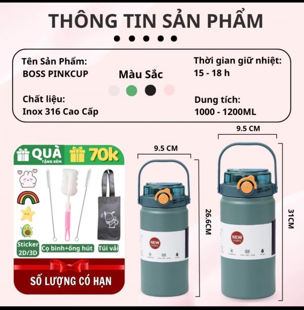Bình Giữ Nhiệt PINKCUP 1000ml/1200ml - Giữ Nhiệt Nóng Lạnh 24H, Không Đổ Mồ Hôi, Inox 316 PC14